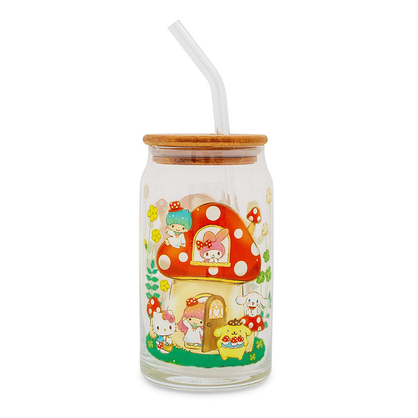 Sanrio Hello Kitty and Friends Mushroom Glass Tumbler With Bamboo Lid and Straw Image