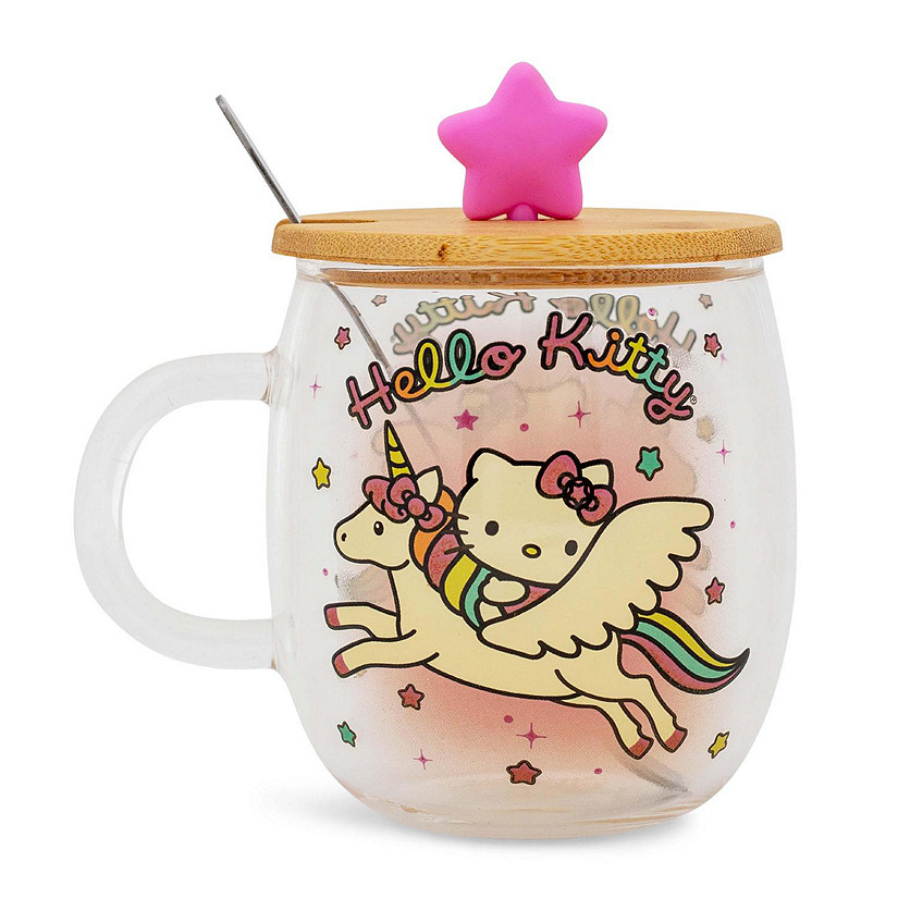 Sanrio Hello Kitty Glass Mug With Star-Topper Lid and Spoon  Holds 17 Ounces Image