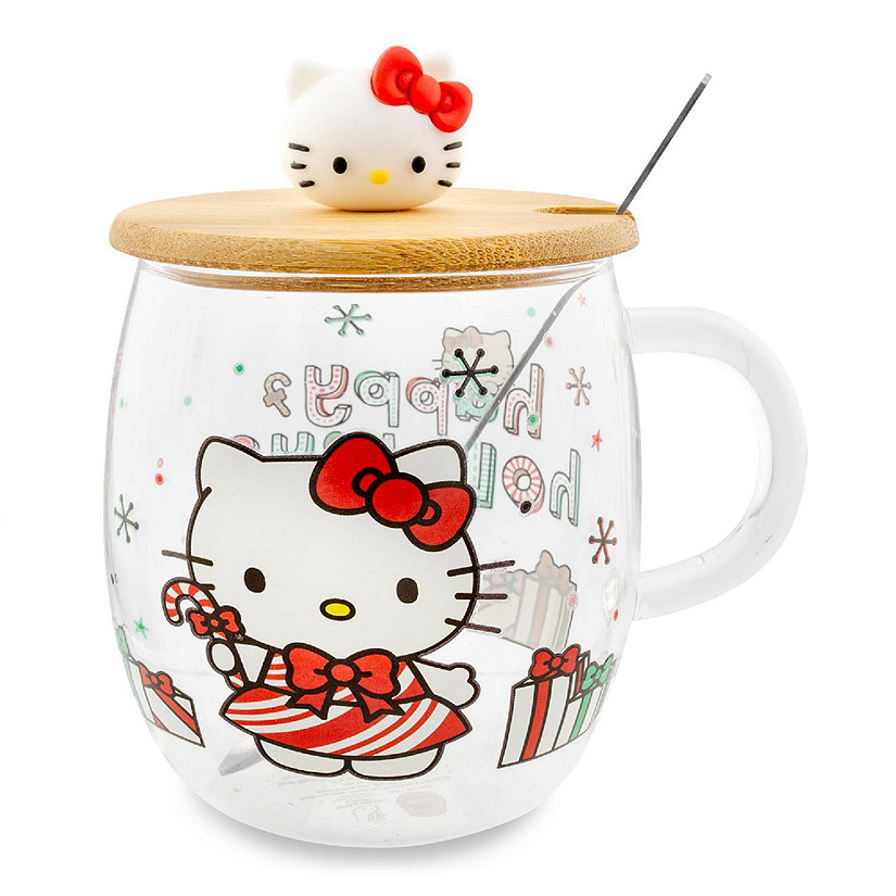 Sanrio Hello Kitty Holiday 17-Ounce Glass Coffee Mug With Lid and Spoon Image