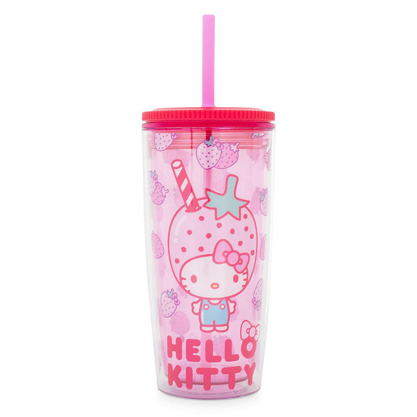 Sanrio Hello Kitty Strawberries Plastic Tumbler With Lid and Straw  20 Ounces Image