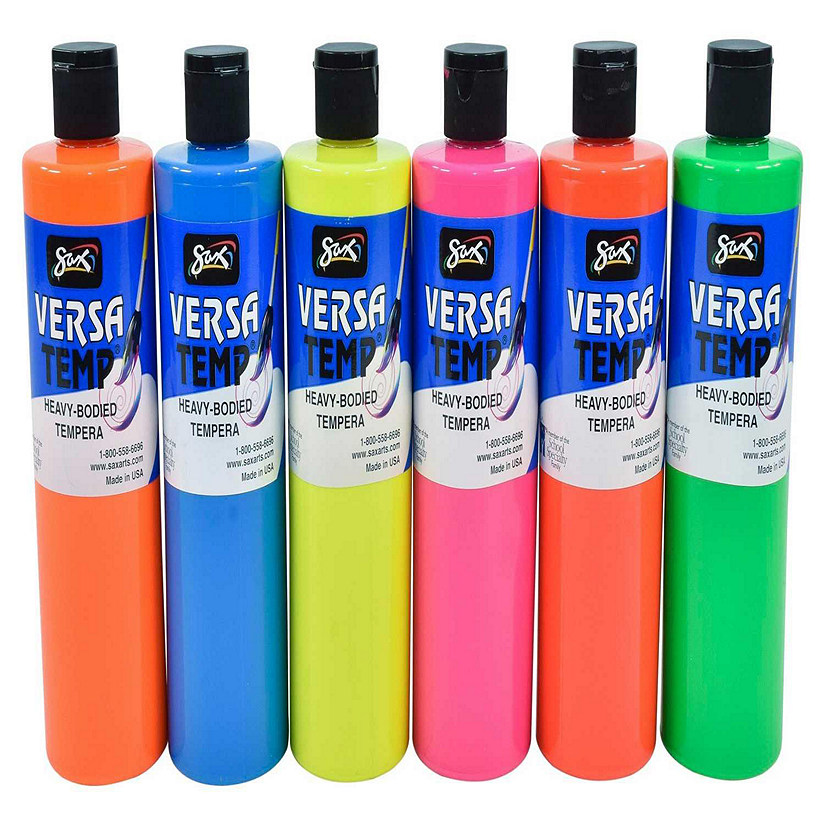 Sax Versatemp Heavy-Bodied Tempera Paint, 1 Pint Bottles, Assorted Fluorescent Neon Colors, Set of 6 Image