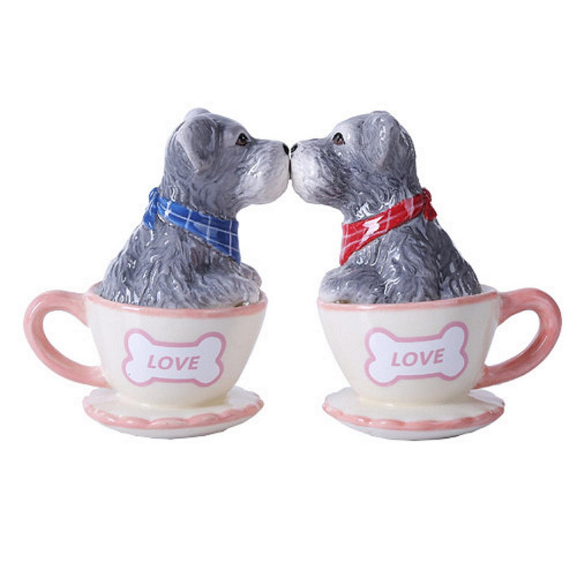 Schnauzer Dogs in Teacups Kissing Ceramic Magnetic Salt and Pepper Shaker Set Image