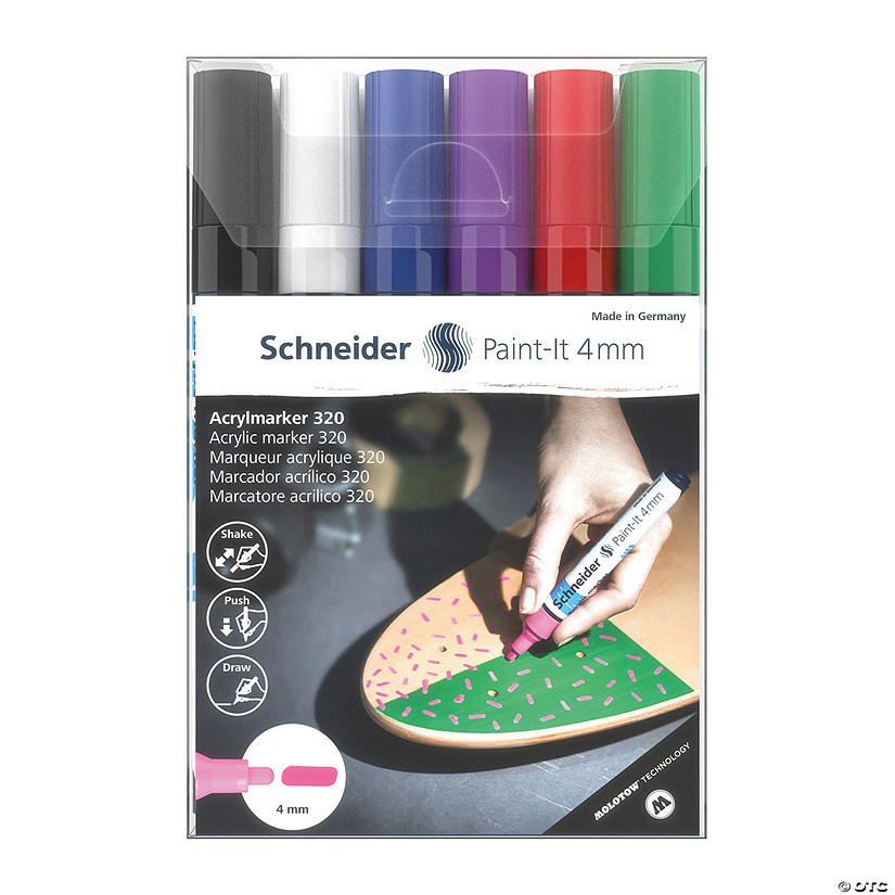 Schneider Paint-It 320 Acrylic Markers, 4 mm Bullet Tip, Wallet, 6 Assorted Ink Colors Image
