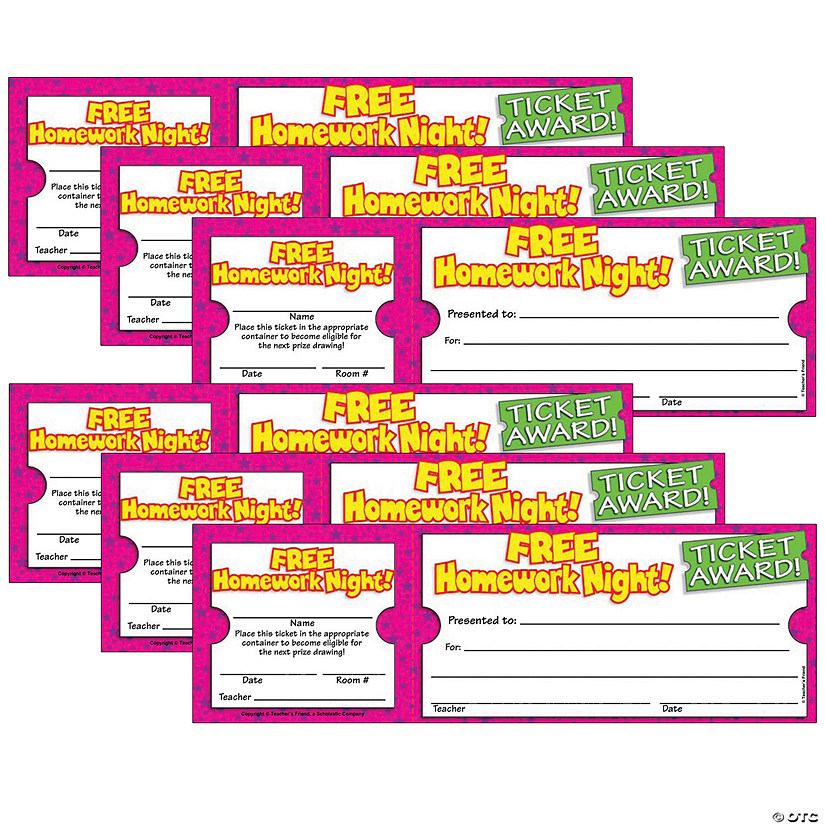 Scholastic Teaching Solutions Ticket Awards, Free Homework Night!, 100 Per Pack, 6 Packs Image