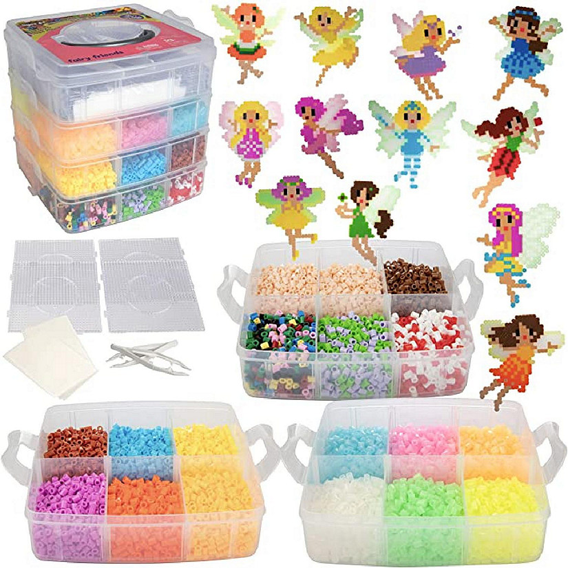 SCS Direct 10,000pc Fuse Bead Fairy Kit W Carrier Case 25 Colors, 12 Unique Templates, 4 Peg Boards, Tweezers, Ironing Paper, Pink