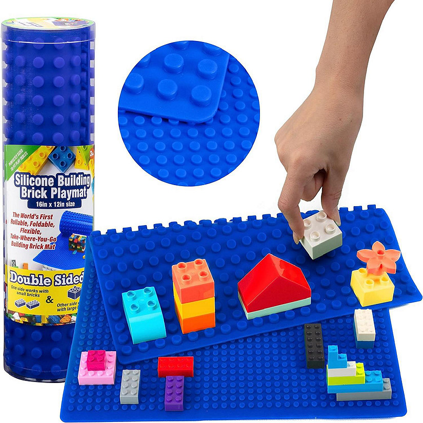 SCS Direct Brick Building Blocks Silicone Playmat - 16" Blue Rollable, Foldable and Portable Two Sided playmat for Activity Tables Image