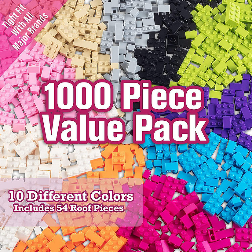SCS Direct Building Block Bricks- Set of 1000 Pc Bulk Set-10 with 54 Roof Pcs- Compatible with All Major Brands- Great for Activity Tables & School Projects Image