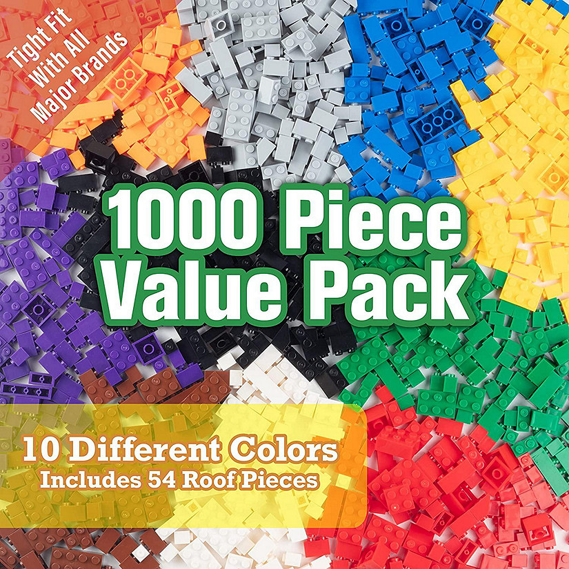 SCS Direct Building Block Bricks- Set of 1000 Pc Bulk Set-10 with 54 Roof Pieces- Compatible with All Major Brands- Great for Activity Tables & School Projects Image