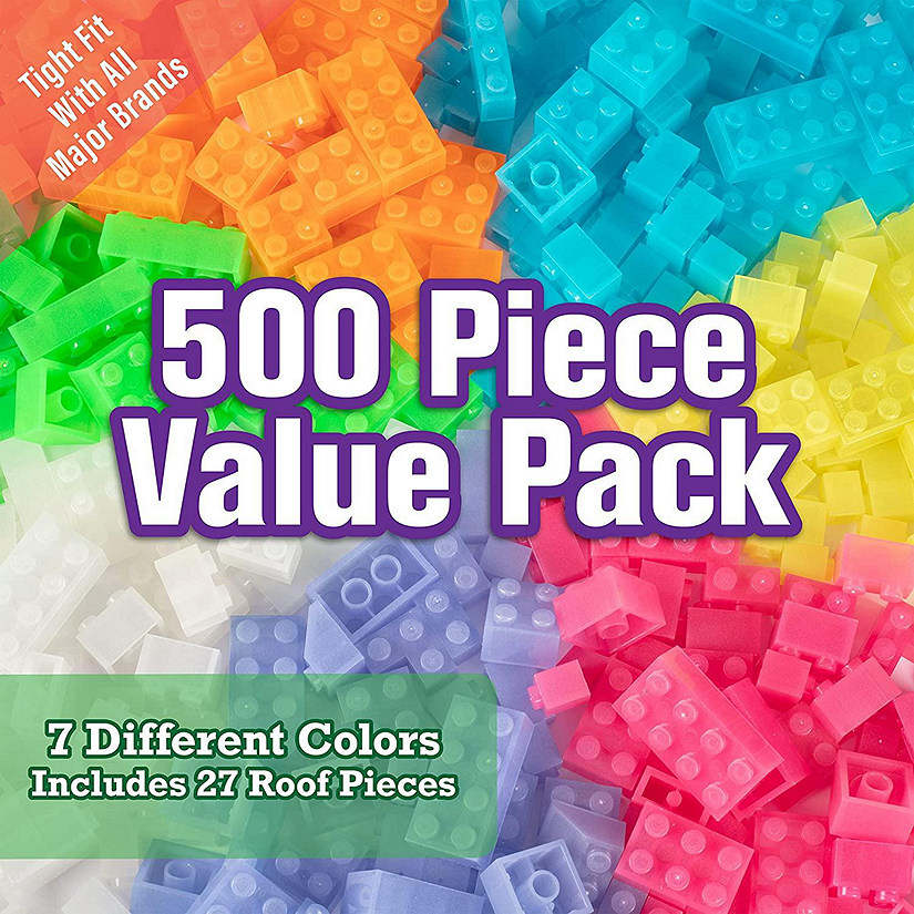 SCS Direct Building Block Bricks- Set of 500 Pc Bulk- 7 Glow in The Dark with 27 Roof Pieces - Compatible with Major Brands & Activity Table Image