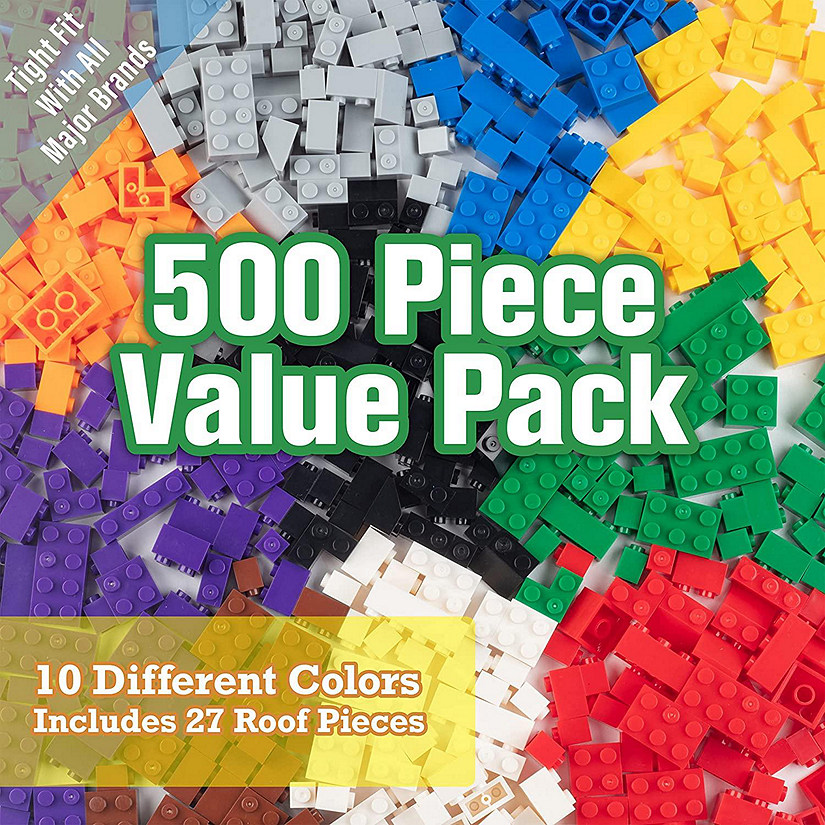 SCS Direct Building Block Bricks - Set of 500 Pc Bulk Set - 10 with 27 Bonus Roof Pcs - Fit All Major Brands- Great for Activity Tables, <br/>and School Projects Image