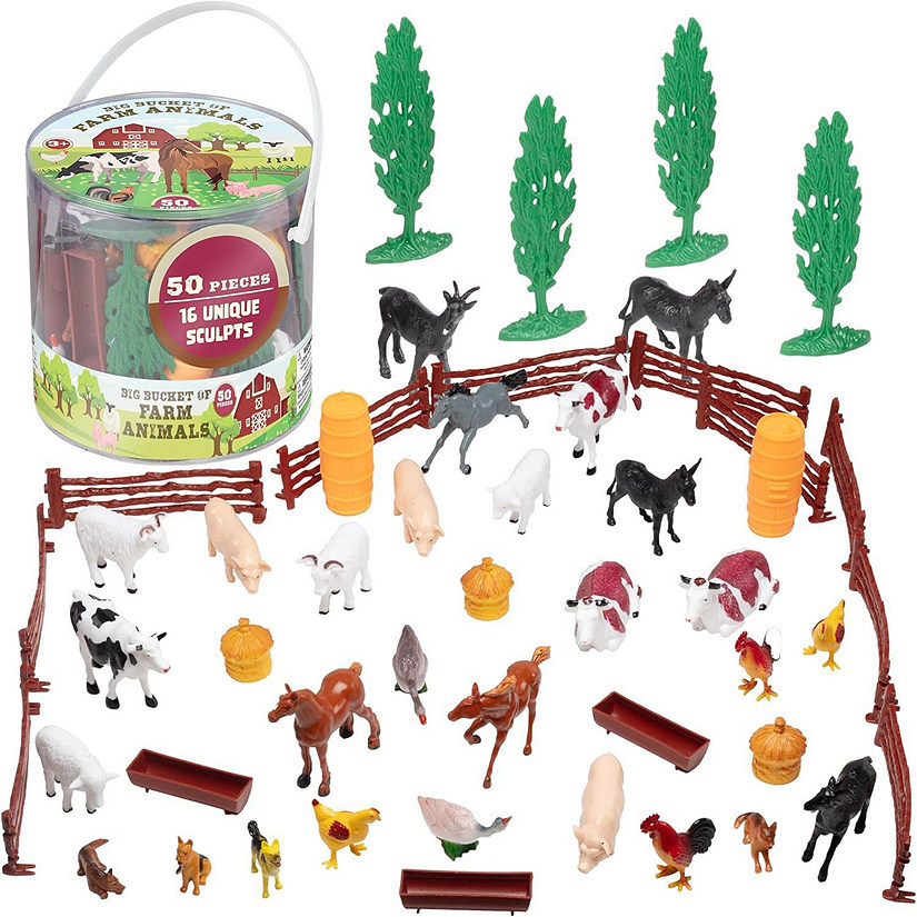SCS Direct Farm Animal Toy Action Figure Set - 50 Pieces with 16 Different Barnyard Animals and Accessories - Includes Cows, Horses, Chickens, Pigs, Sheep &amp; Mor Image