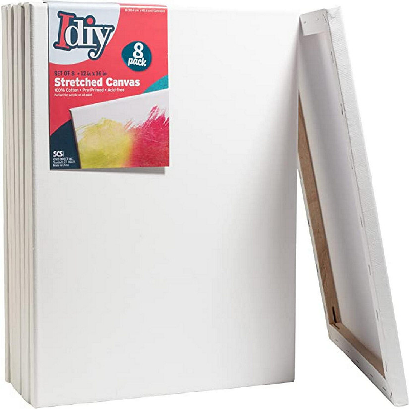 SCS Direct iDIY Stretched Canvas Board 12 x 16 (Set of 8) 5/8" - Classic White Blank, Pre Primed for Oils or Acrylics, 100% Cotton, Acid Free - Professional Grade for Painting or Art Project, Craft, Mixed Media Image