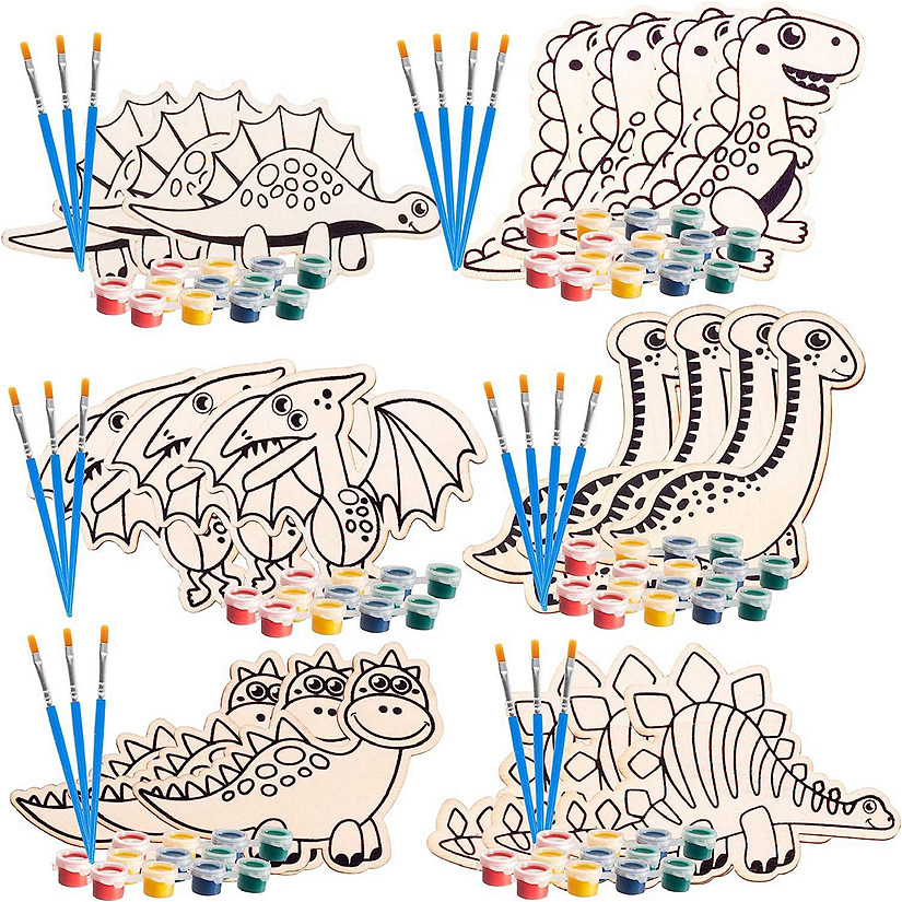 SCS Direct Kids Party Dino Wood Painting Craft Kits (20ct) -Kit includes Brush, Paint, & Figure- Unique Birthday Party Activity, Favors or School Projects Gift Image