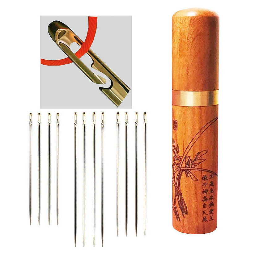 Self-Threading Needles, Needle Threader with Golden Carved Case, Pack of 12 Image