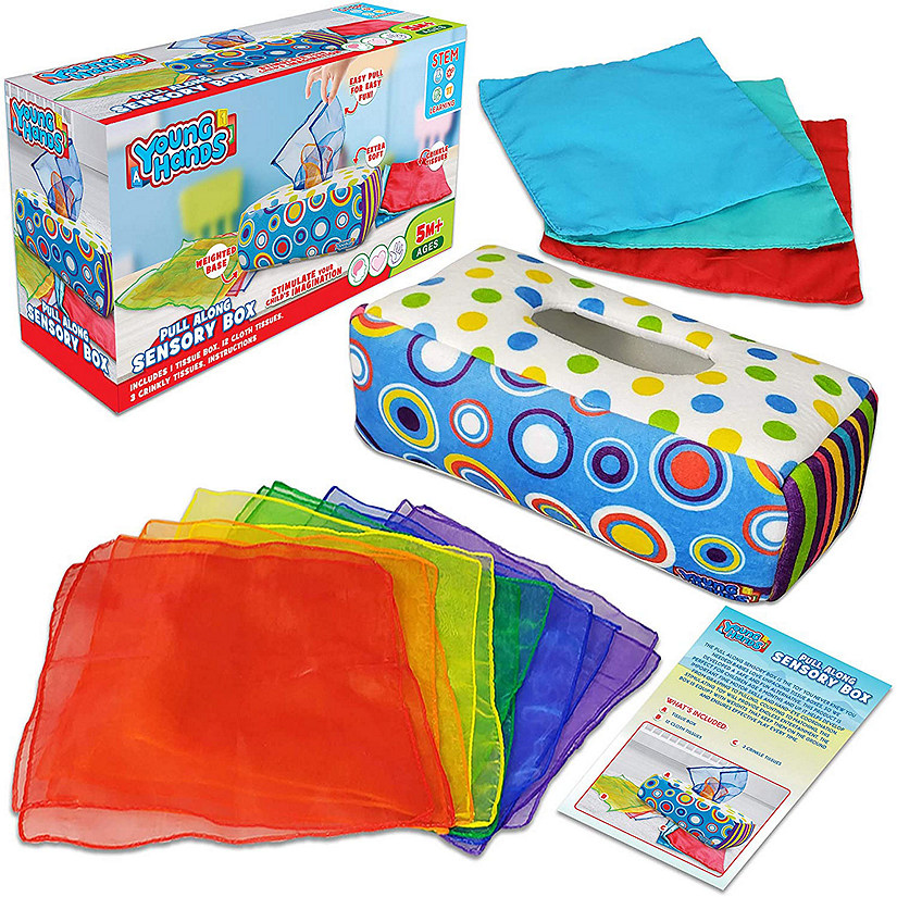 Sensory Pull Along Toddler Infant Baby Tissue Box - Colorful Juggling Rainbow Dance Scarves for Kids Image