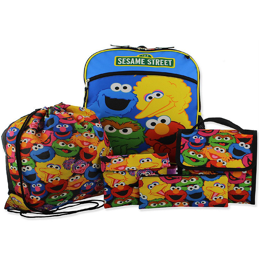 Sesame Street Boys Girls 5 piece Backpack Lunch Bag and Snack Bag School Set (One Size, Blue/Multi) Image
