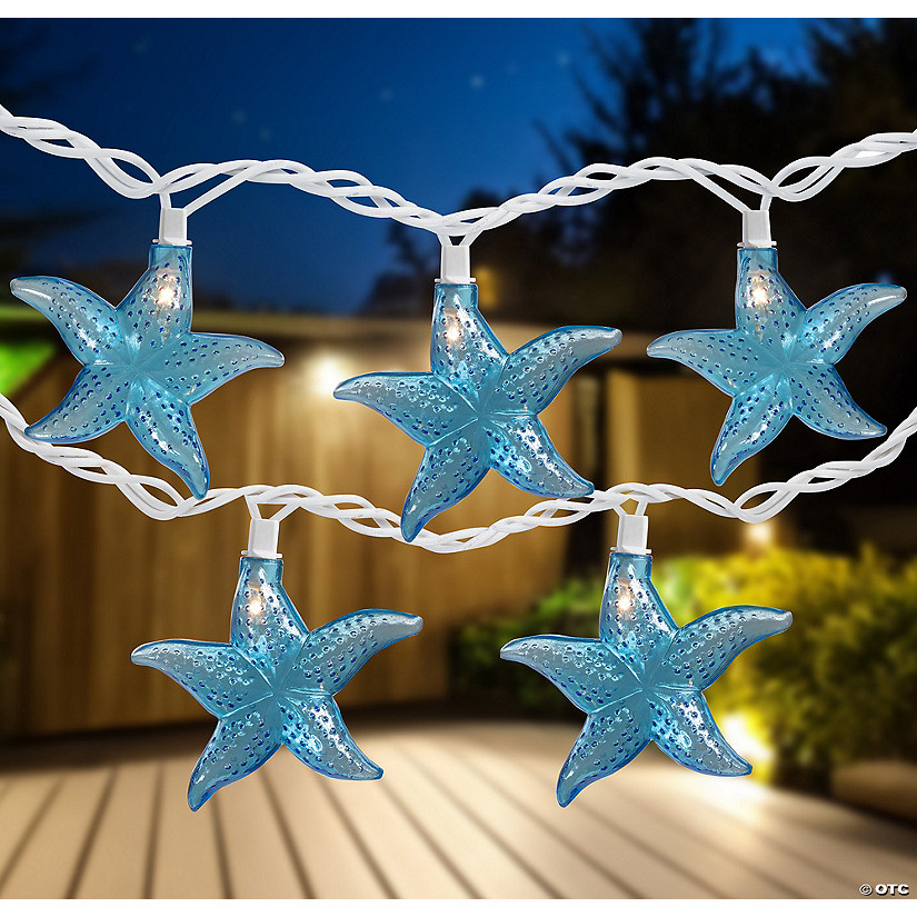 Set of 10 Blue Starfish Novelty String Lights - 9ft White Wire Image