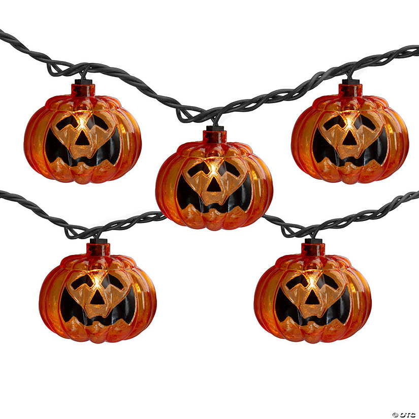 Set of 10 Jack O Lantern Shaped Halloween Lights  7.5ft Black Wire Image