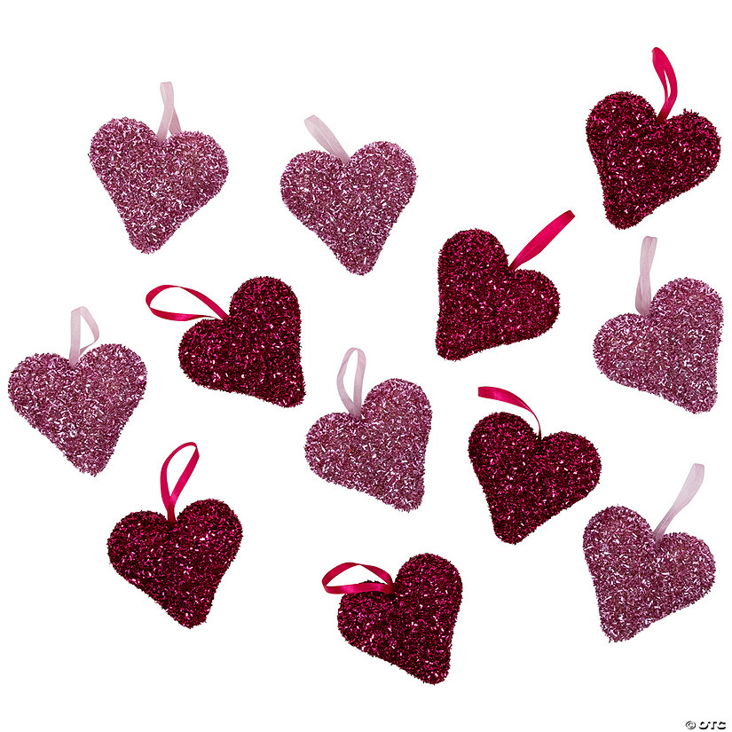 Set of 12 Tinsel Shimmering Heart-Shaped Valentine's Day Hanging Decorations 4" Image