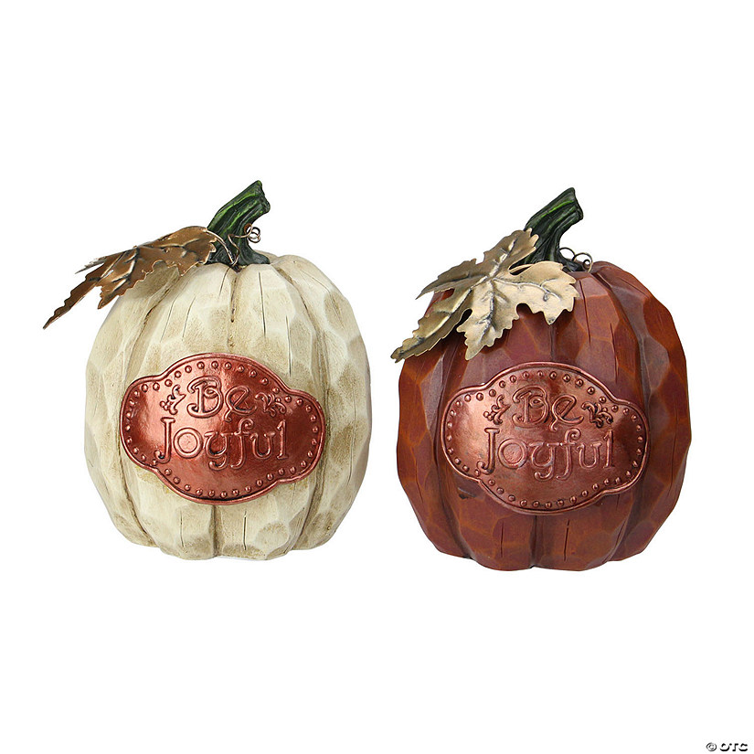 Set of 2 Autumn Harvest "Be Joyful" Pumpkin Figurines Image