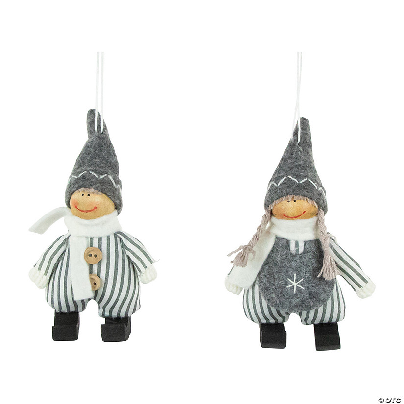 Set of 2 Gray and White Striped Plush Twin Gnomes Christmas Ornaments 5.5" Image