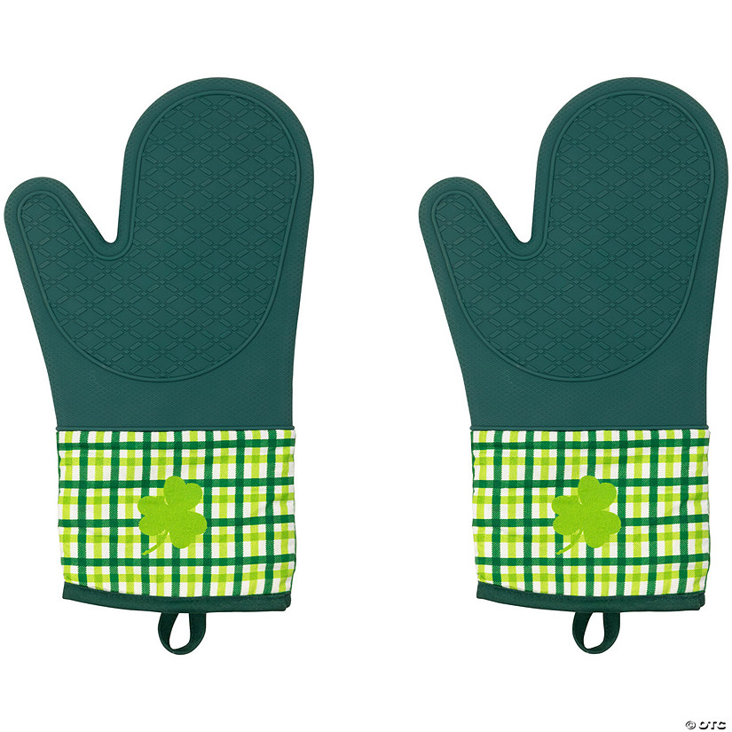 Set of 2 Green Plaid Shamrock St. Patrick's Day Oven Mitts 12.5" Image
