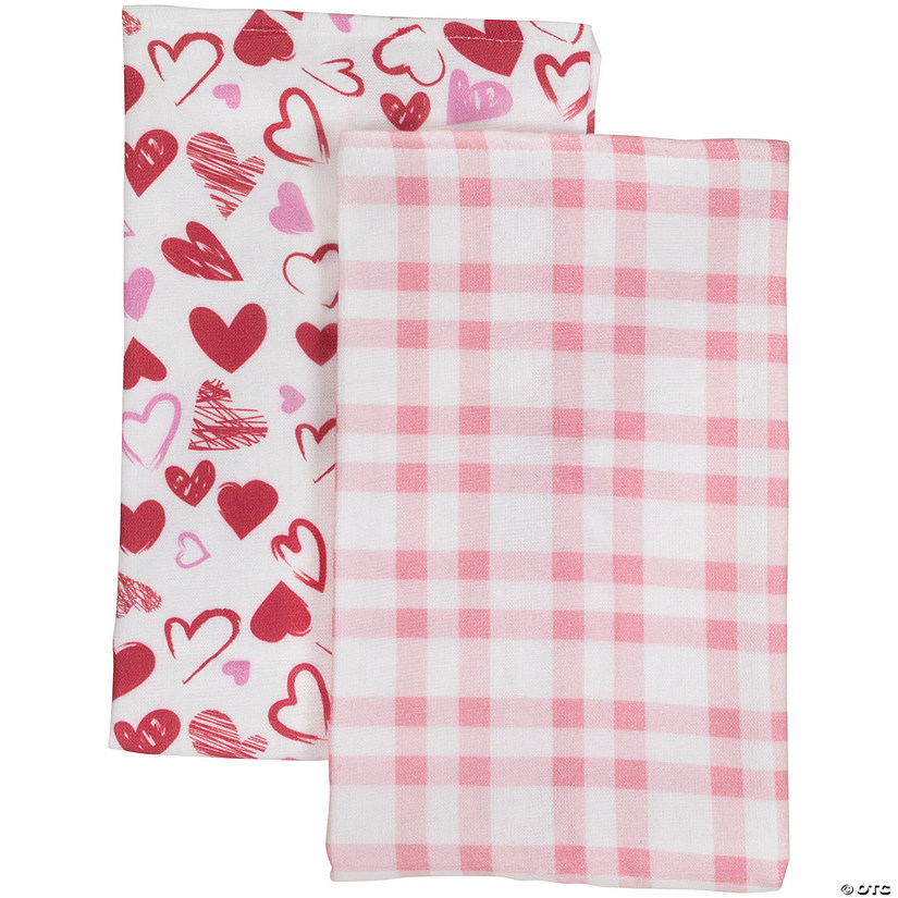 Set of 2 Hearts and Pink Plaid Valentine's Day Kitchen Tea Towels 26" Image