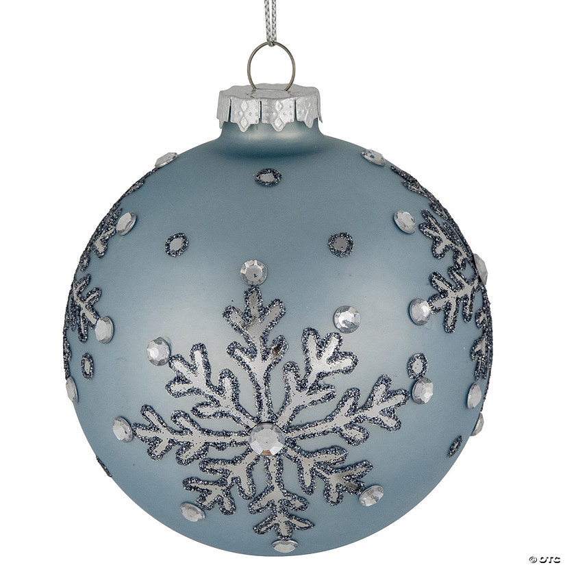 Set of 2 Light Blue Jeweled Reflective Snowflakes Glass Christmas Ball Ornaments 4" Image