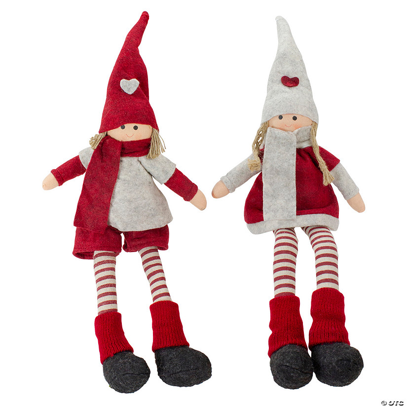Set of 2 Plush Red and Beige Boy and Girl Sitting Christmas Doll Decorations 19" Image