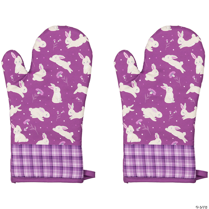 Set of 2 Purple Floral Easter Bunny Oven Mitts 13.75" Image