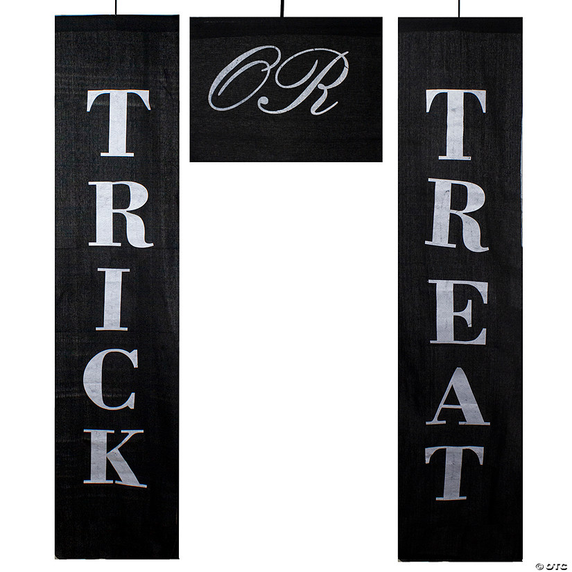 Set of 3 Black and White Trick or Treat Outdoor Halloween Banners 19.25" Image