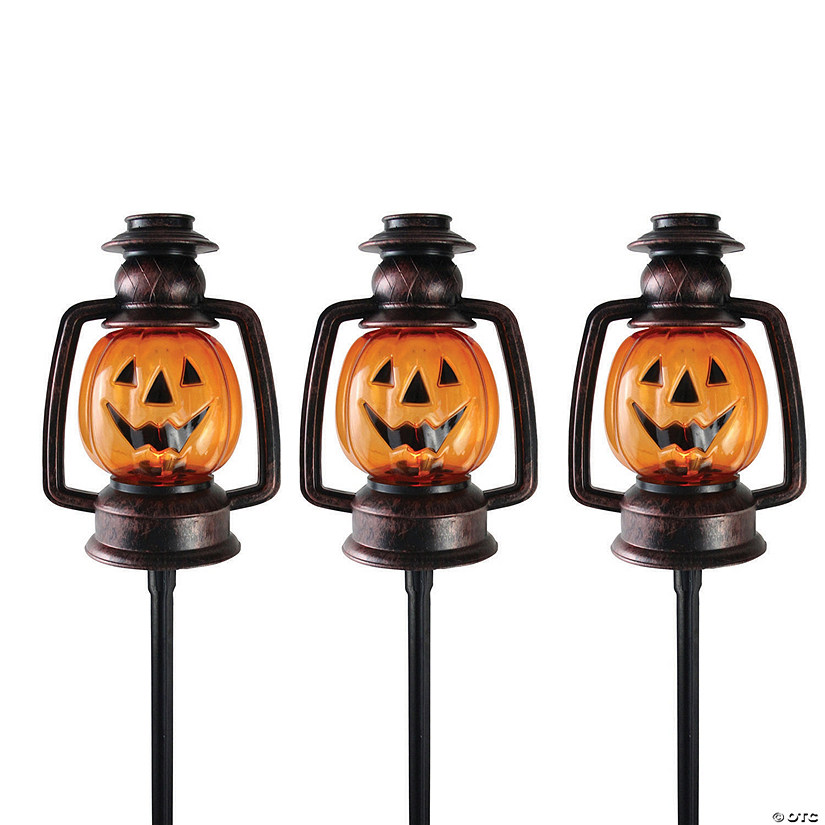 Set of 3 Orange Flickering Halloween Jack O&#8217; Lantern Pathway Markers Outdoor Decor Image