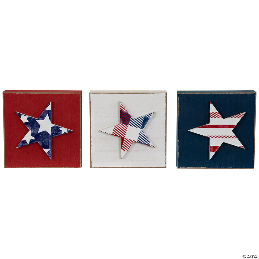 Set of 3 Stars and Stripes Americana Wooden Plaques 4.25" - Red  White and Blue Image