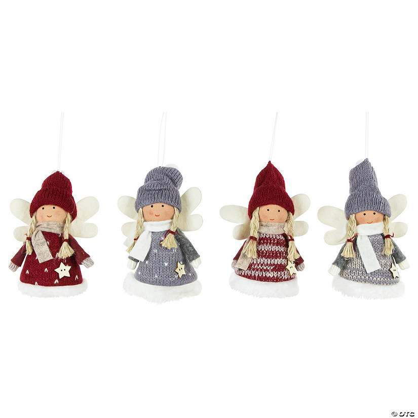 Set of 4 Red and Gray Plush Angel Christmas Ornaments 4.25" Image