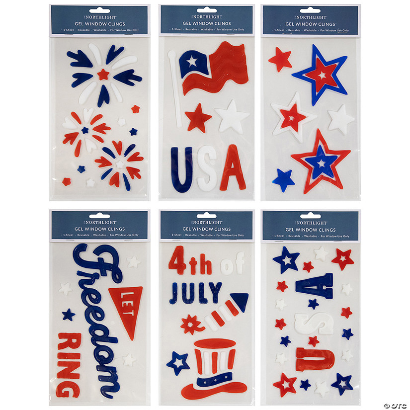 Set of 6 Double Sided Patriotic Celebration Gel Window Clings Image