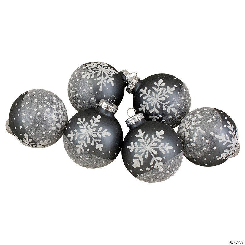 Set of 6 Gray and White Snowflake Glass Christmas Ball Ornaments 4" (101mm) Image