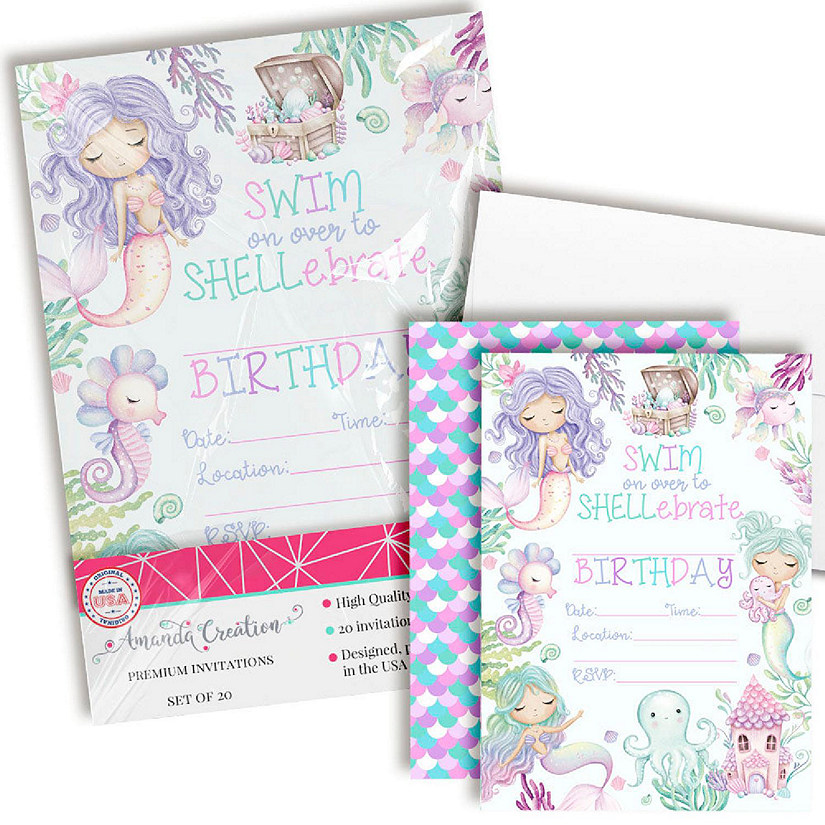 Shellebration Watercolor Mermaid Birthday Party Invitations Oriental