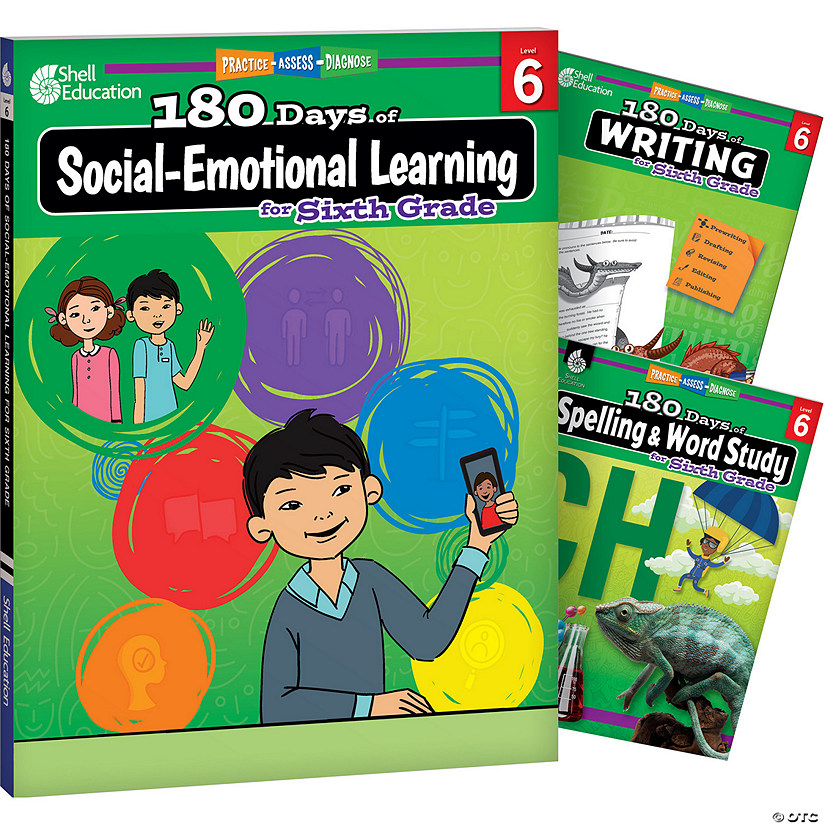 Shell Education 180 Days Social-Emotional Learning, Writing, & Spelling Grade 6: 3-Book Set Image