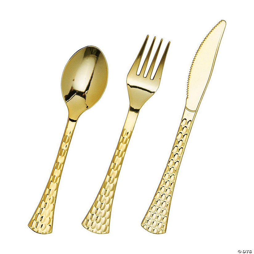 Shiny Metallic Gold Glamour Plastic Cutlery Set - Spoons, Forks and Knives (600 Guests) Image