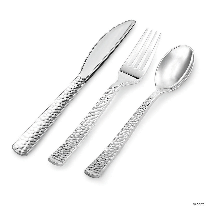 Shiny Metallic Silver Hammered Plastic Cutlery Set - Spoons, Forks and Knives (1000 Guests) Image