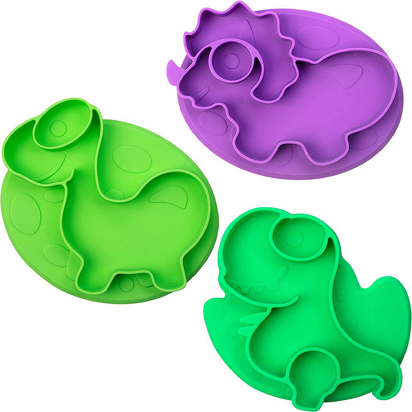 Sili-Plate Dinosaur Silicone Plate Set - 3 Pack of Dinos, Fun and Flexible Silicone Non-slip Base, Divided Dishes for Baby & Toddlers Food Training, Food Safe & Image