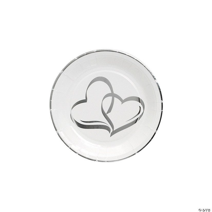 Silver Foil Two Hearts Paper Dessert Plates - 25 Ct. Image