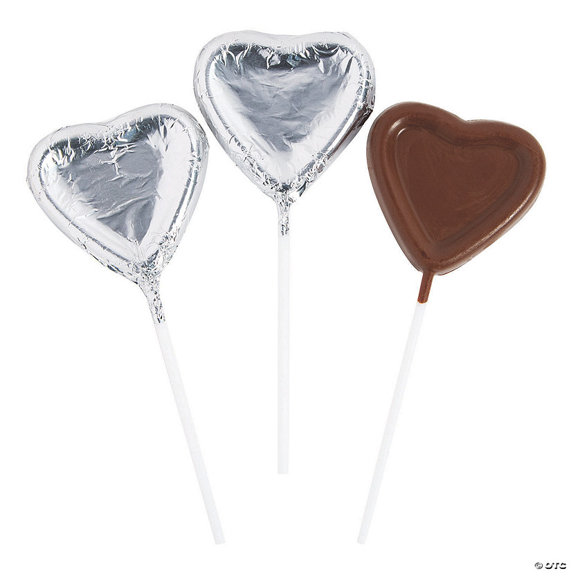 Silver Foil-Wrapped Chocolate Heart Lollipops Image