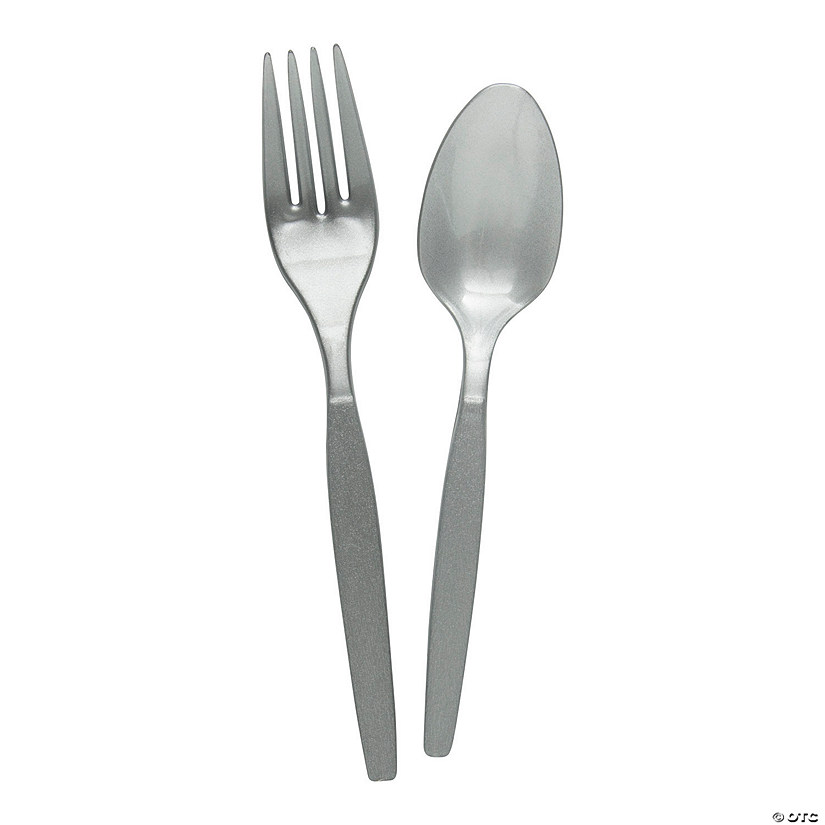Silver Metallic Fork & Spoon Plastic Cutlery Sets - 16 Ct. Image