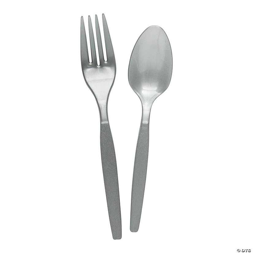 Silver Metallic Fork &amp; Spoon Plastic Cutlery Sets - 16 Ct. Image