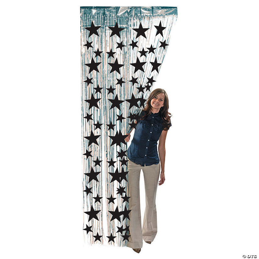 Silver Metallic Fringe Door Curtain with Black Stars Image