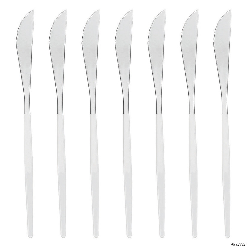 Silver with White Handle Moderno Disposable Plastic Dinner Knives (140 Knives) Image