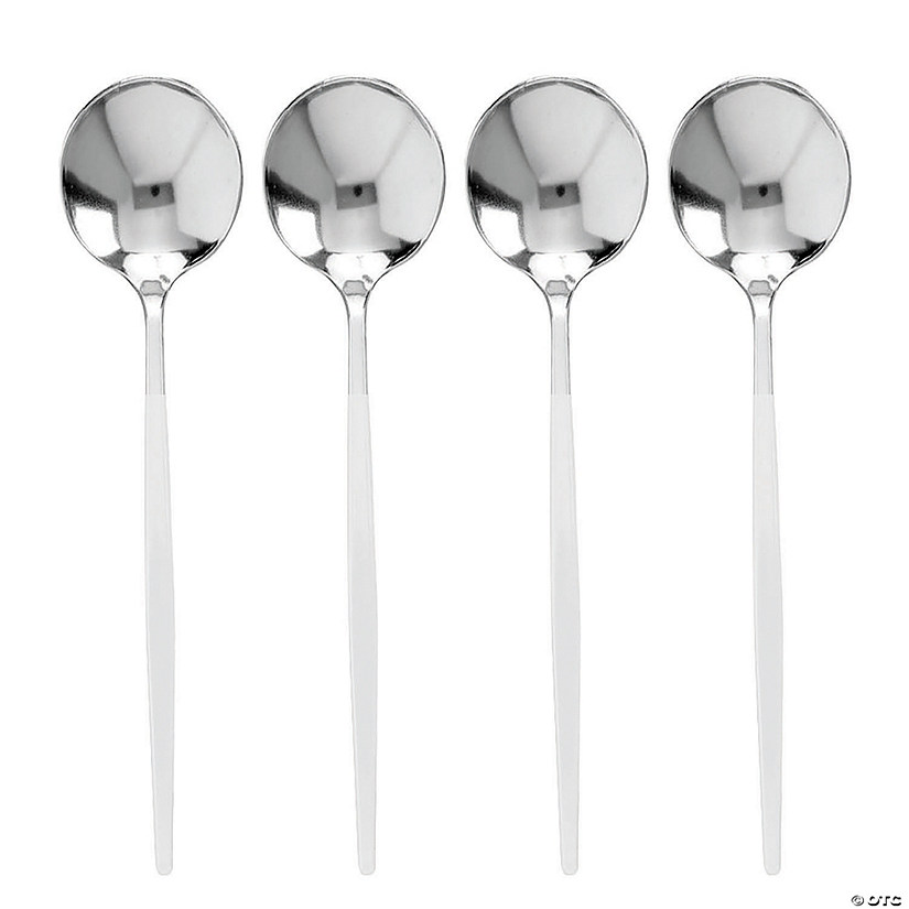 Silver with White Handle Moderno Disposable Plastic Dinner Spoons (140 Spoons) Image