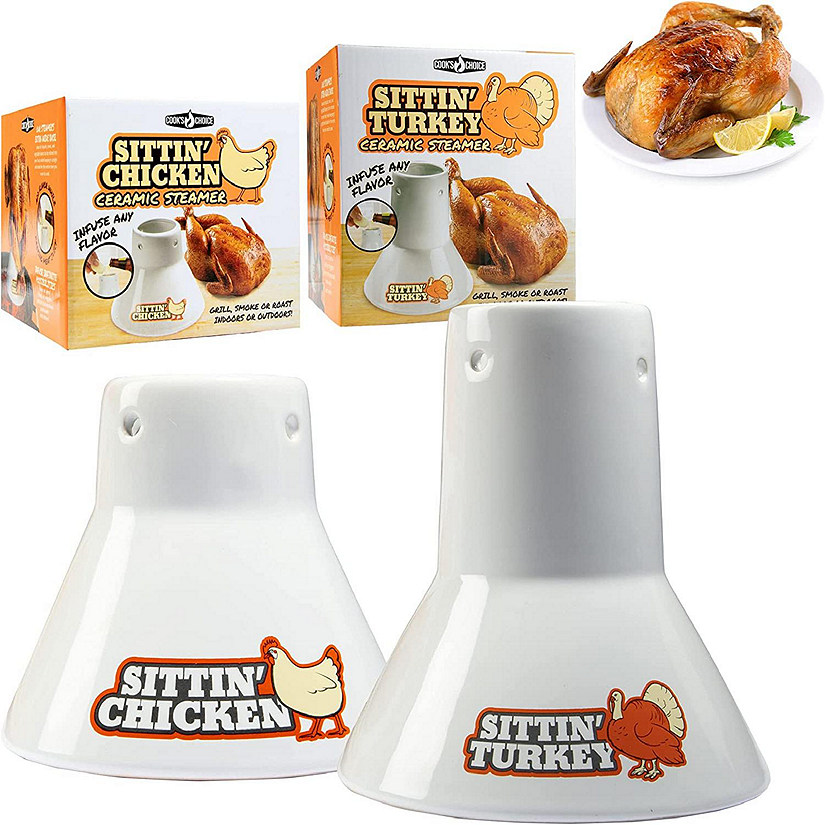 Sittin' Chicken & Turkey Ceramic Beer Can Roaster & Steamer Combo Pack - Non-Stick, Extra-Wide Base Image