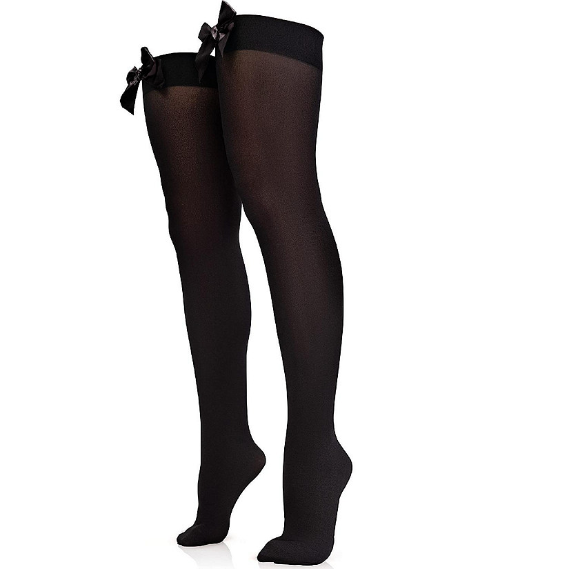 Skeleteen Bow Accent Thigh Highs Black Over The Knee High Stockings With Black Satin Ribbon